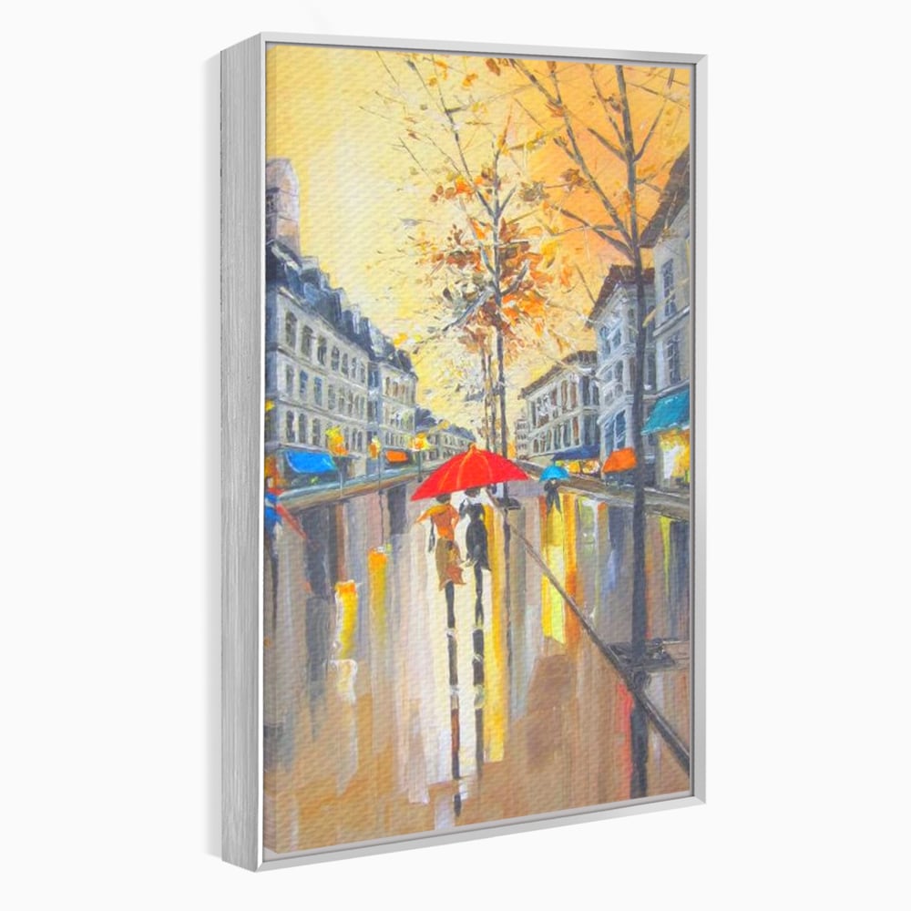 Tablou canvas cu tablou canvas cu peisaj urban ploios, in rama de aluminiu argintiu